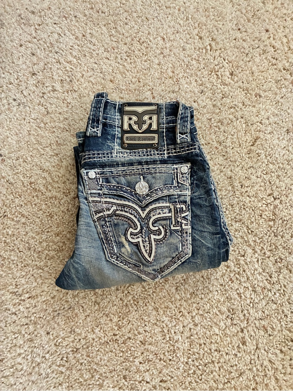 Rock Revival Men's Faded Dark Blue Embroidered Pocket Jeans